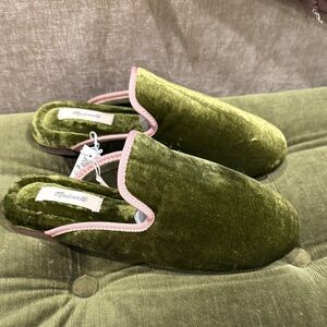 Madewell Olive Velvet Mules with Pink Trim